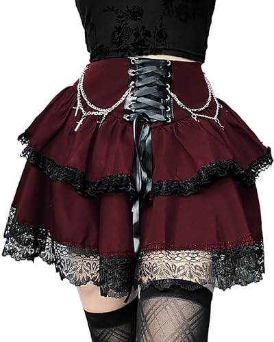 Mini jupe gothique plissée taille haute ajustable par lacets punk