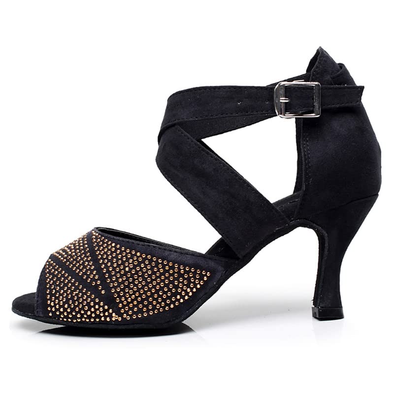 JUODVMP Buty do tańca towarzyskiego ze strasu damskie buty do tańca latynoskiego salsa bachata performance buty do tańca zamszowa podeszwa model QJW6232