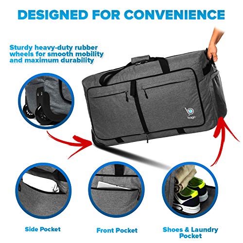 Wheeled Duffle Bag Luggage - 100L Large Rolling Duffel Bag 30 inch Folding Duffle Bag For Travel - Packable Duffle Bag With Rollers (Snow Black)