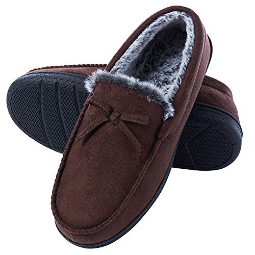 DL Men's Moccasin Slippers - Indoor & Outdoor, Suede Mens House Slippers with Memory Foam, Faux Fur Lining, Non Slip Outsole