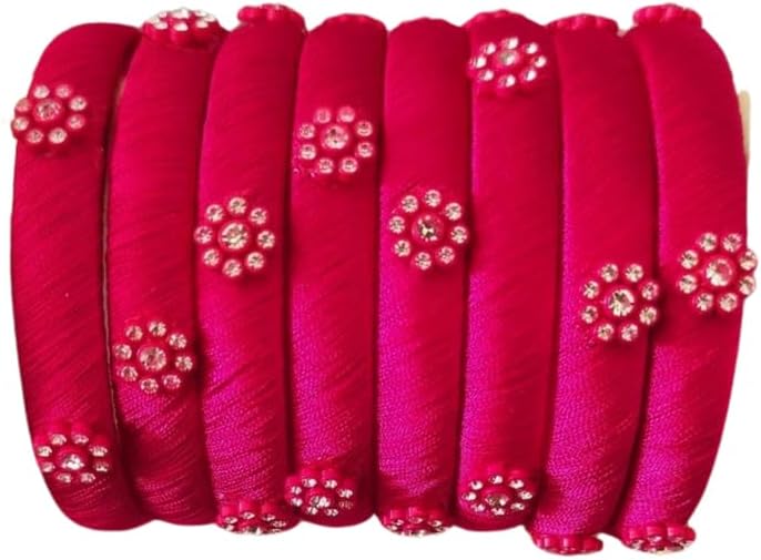 Handicrafts Silk Thread Bangle Kada For Women 8PC Set Multicolour Stone Flower Design Wedding & Festive Occasion Handmade Multicolored Chura Chuda Chudi Stone