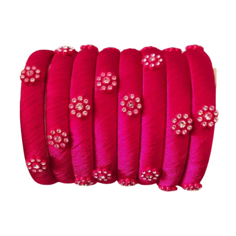 Handicrafts Silk Thread Bangle Kada For Women 8PC Set Multicolour Stone Flower Design Wedding & Festive Occasion Handmade Multicolored Chura Chuda Chudi Stone