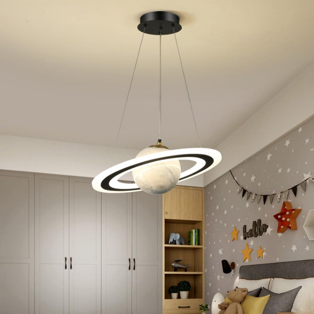 DOCJX LED Pendant Light for Children's Blue Planet Dimmable Modern Glass Planets Pendant Light with Halo Girls Boys Bedroom Hanging Lamp Height Adjustable Modern Chandelier