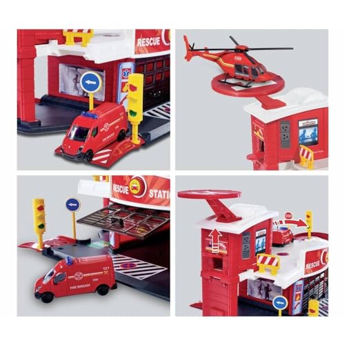 Dickie Toys 212050038 Feuerwehrstation, Launcher und Feuerwehrauto die cast Renault Master 7,5cm, 50x25x22cm