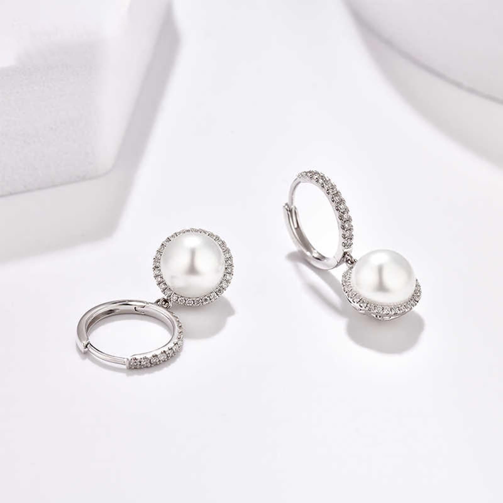 Hängeohrringe Damen Modeschmuck, Ohrringe Groß mit Perle 7,5-8mm und Diamant 0,25ct Weißgold