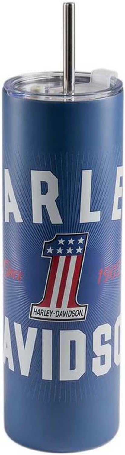 Harley-Davidson #1 RWB Graphic Travel Mug w/Straw, Blue Stainless Steel