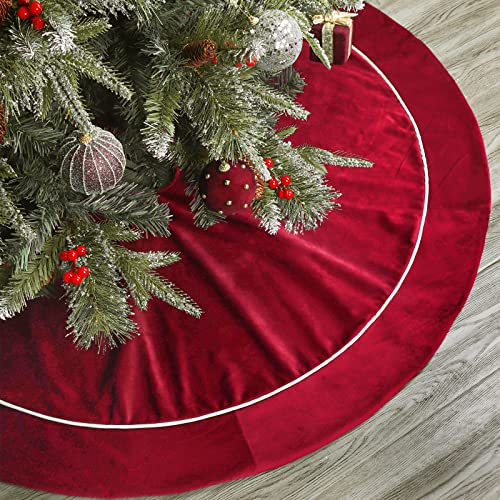 Bunny Chorus Christmas Tree Skirt, 48 inches Velvet Fur Plush Red Tree Skirt, Xmas Tree Skirts for Merry Christmas Party Rustic Vintage Christmas Tree Decorations