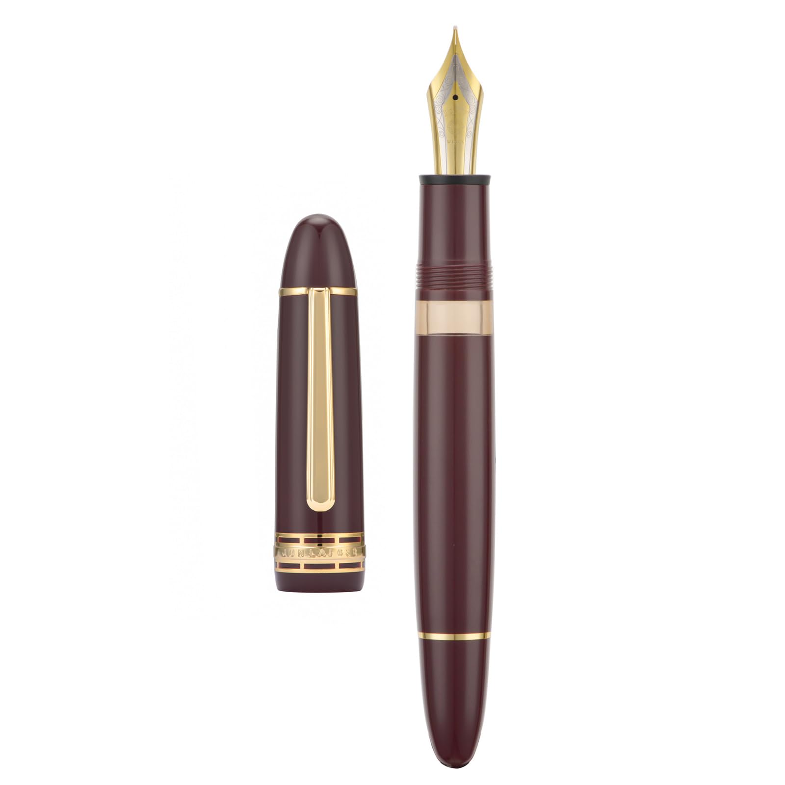 Yongsheng 630 アクリル万年筆 イリジウム ミディアムペン先 ピストン充填システム付き ワインレッド クラシックデザイン 滑らかな筆記ペン (ゴールドトリム)