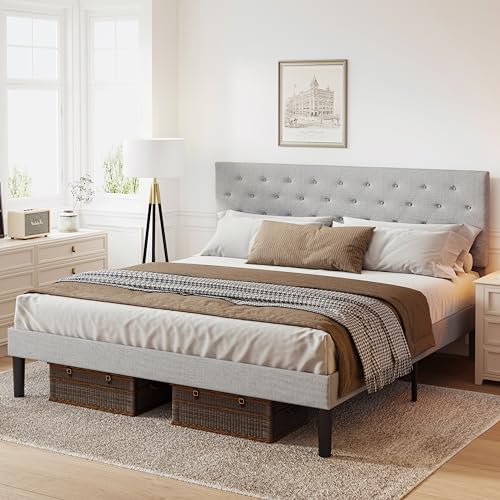 Simple Queen Size Bed Frame Linen Upholstered Platform Bed, with Classic Headboard,No Box Spring Needed,Gray