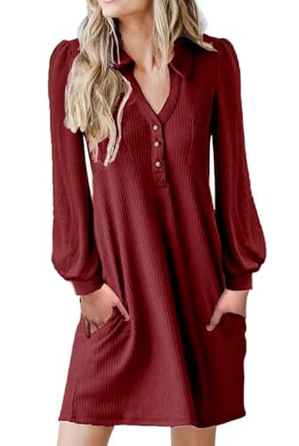 Clearlove Vestido de camiseta de manga corta para mujer, informal, túnica, vestido de verano, con cuello en V, vestido informal con bolsillos, A-rojo., M Cover