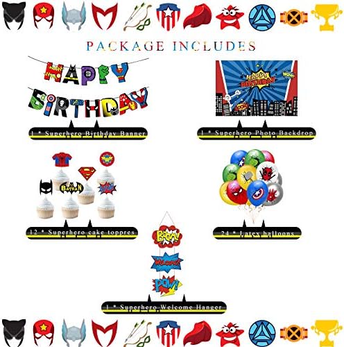 JOPARY Superhero Birthday Party Decorations for Kids Boys Girls Superhero Themed Party Supplies With Banner, Welcome Hanger, Photo Backdrop, Cake Toppers and Latex Balloons