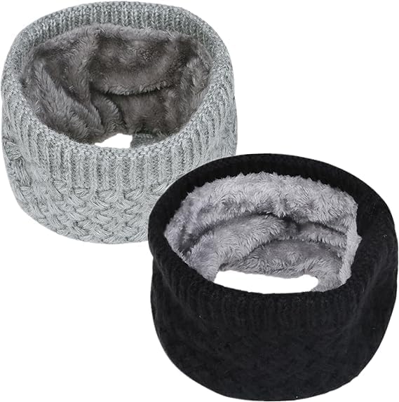 2 Pack Neck Warmers Winter Warm Infinity Scarf Double-Layer Soft Fleece Lined Thick Knit Circle Scarf Windproof Scarves Cold Weather Loop Scarves Gifts for Women Men Black Gray, One Size