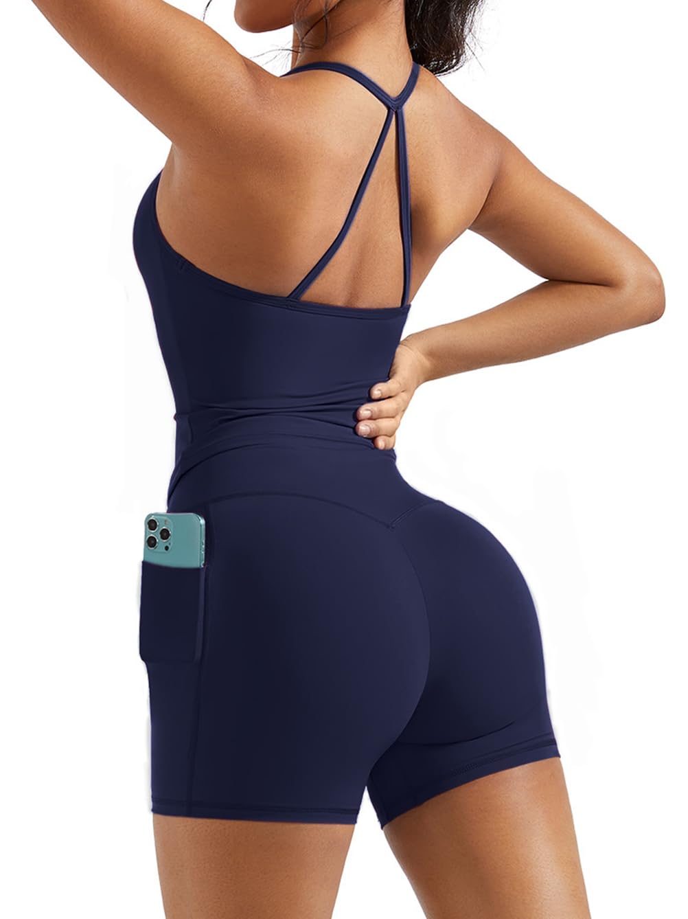 OMKAGI 2 Piece Workout Sets for Women Padded Sports Bra Tank Booty Gym Shorts with Pockets