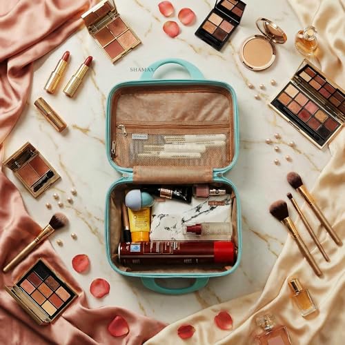 Image of SHAMAX Makeup Organizer Box for Women | Bridal Makeup Case Lockable Vanity Case for Cosmetics, Jewellery & Beauty Storage Organizer, Gift for Women (Mint Green)