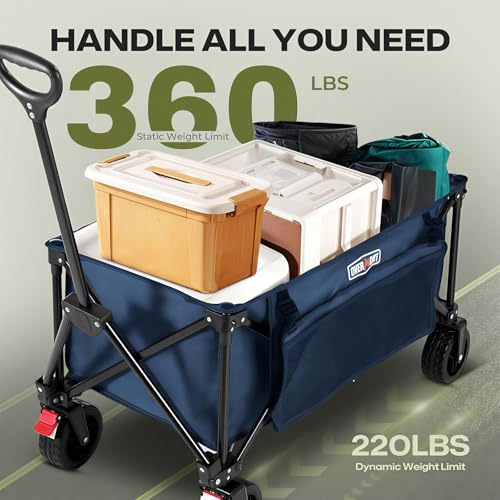 Overmont Faltbar Bollerwagen Klappbar Handwagen - Alle Gelände Breite Räder - 150L mit Seitentaschen Getränkehalter Verstellbarem Griff - bis 150 kg Tragkraft - für Camping Sport Einkaufen Grün