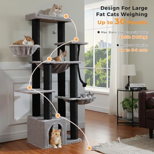 Image of MUTTROS Large Cat Tree-67 Maine Coon Cat Tower for Indoor Cats Large Adult with 7 Thick Black Scratching Posts (φ4.3), Multi-Level Condo, Big Perch & Hammocks -Black