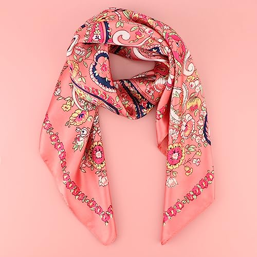 Image of DRESHOW 35 inch Large Square Satin Head Scarf - 4Pcs Silk Accessories Classic Patterned Squares Beach Bandanas for Women