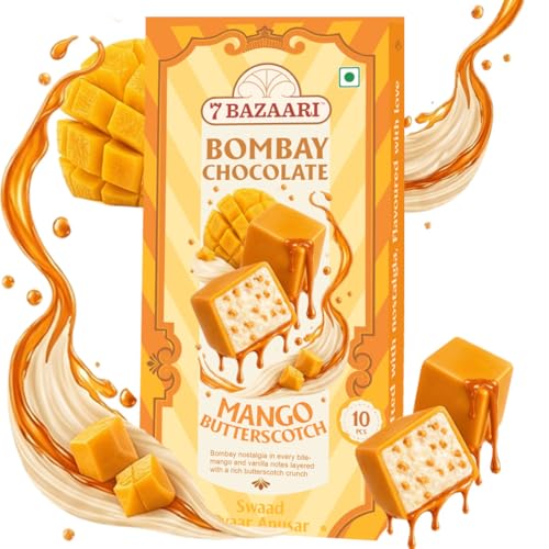 Image of 7 BAZAARI Bombay Mango Vanilla Butterscotch Chocolate, Indian Fusion, Mango White Chocolate Shell, Creamy Vanilla Filling, Butterscotch Crunch, 95 Grams