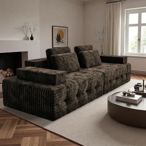 Image of 110 inch Modular Cloud Sofa, Oversized Corduroy Couch with Adjustable Headrests, Deep Seat Frameless Sofa, 2 Ottomans Not Included, for Living Room, Apartment