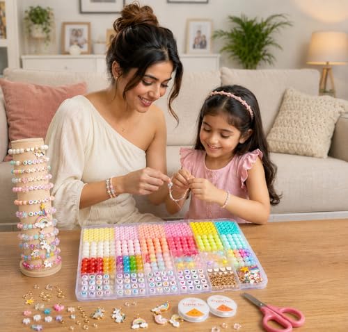 Image of curve creation Bracelet Making Kit for Girls Jewellery Making Kit with Clay Beads Letter Beads Unicorn & Rainbow Charms Crystal Beads Elastic String & Scissors Friendship Bracelet Craft Kit for Kids