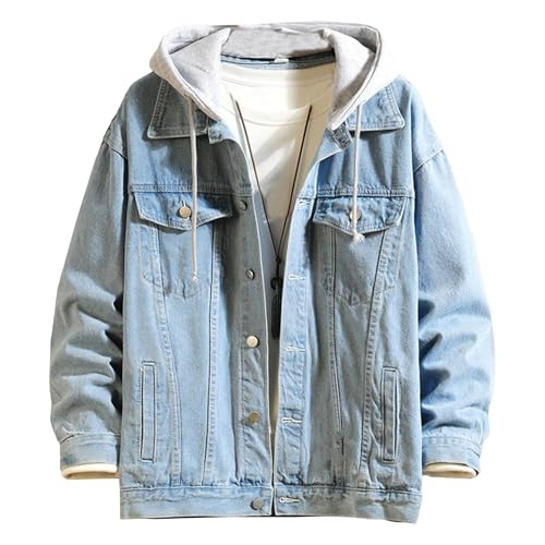 Men's Denim Hoodie Jacket Casual Long Sleeve Button Down Jeans Coat Windproof Hip Hop Trucker Hooded Jackets