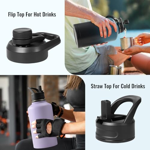 Image of Fijinhom Gallon Water Bottle with 2 Lids (Straw & Spout), 304 Stainless Steel Water Jug with Handle and Wide Mouth, 1 Gallon Vacuum Double Walled Jug for Sports, Outdoors, Black /Gray, 128 oz