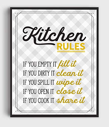 Retro Kitchen Rules Wall Art Print - Mustard Yellow/Gold, Gray, White - 8x10 UNFRAMED Funny Kitchen Print Perfect for Modern Farmhouse, Rustic, Vintage, Cottage, Country Decor.