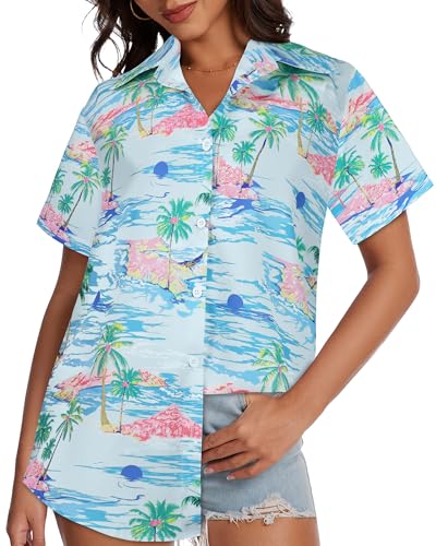Image of Women Hawaiian Shirt Button Down Summer Tops Beach Short Sleeve Blouse