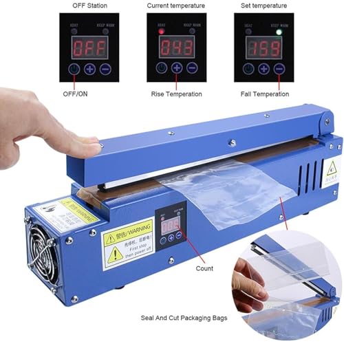 Sellador manual de bolsas con control de temperatura, sellado, corte, conteo e impresión de fecha para envasado de alimentos