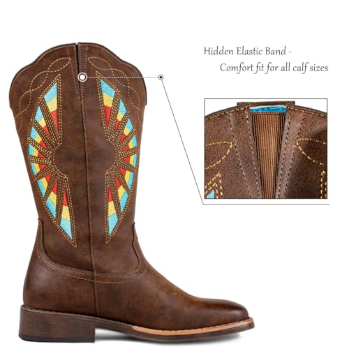 SheSole Women's Square Toe Western Cowboy Boots with Rainbow Embroidery - Elastic Band Comfort Fit Fashion Cowgirl Boots for Women4