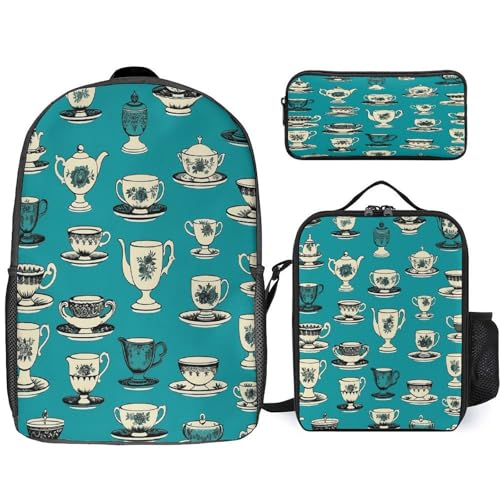 Printed Backpack With Lunch Pack Storage Box Case Retro Tea Cup 3pcs Lightweight Travel Backpack