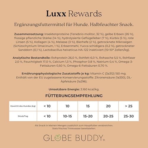 Globe Buddy Luxx Rewards 150g – Hypoallergene Getreidefreie Hundesnacks mit Insektenprotein, Unterstützt Mobilität & Immunsystem, Super Premium Trainingsleckerlis für Alle Hunde