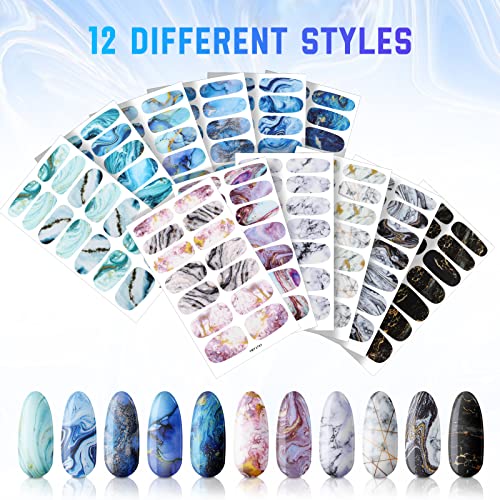 Maitys 168 Pcs 12 Sheets Full Wrap Nail Stickers Polish Strips Gradient Stickers Glitter Self Adhesive DIY Gel Nail Strips Decals with 1 Pcs Fingernail Files for Holiday Decor(Delicate Style)