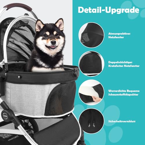 DAISTERN Hundebuggy Hundewagen Klappbar bis 25KG, Hundetrolley Faltbar mit Rahmen aus Aluminiumlegierung, 360° drehbare Gummireifen, Hinterradbremsen, Sicherheitsleine und Bequemes Sitzkissen Grau