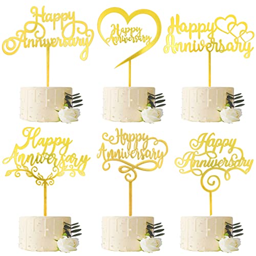 Rovepic 6 Pack Happy Anniversary Cake Topper Decorations Gold Glitter Acrylic Cake Toppers Party Supplies For Wedding Anniversary Engagement Valentine's Day Anniversary Cake Decorations Supplies #TOP6