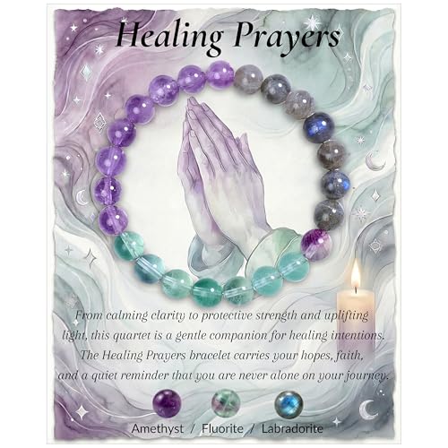 Bivei Healing Prayers Bracelet, Strength Crystal Healing Bracelet 8MM with Amethyst & Fluorite & Labradorite - Spiritual Stretch Beaded Jewelry for Women Men Gift