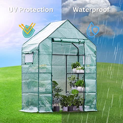 Greenhouse for Outdoors Walk in Greenhouses Heavy Duty with Durable PE Cover, 2 Mesh Windows, 3 Tiers 4 Shelves with Roll-up Zipper Door, Indoor Portable Gardening Plant House 56'' x 29'' x 77'' Green - Image 2
