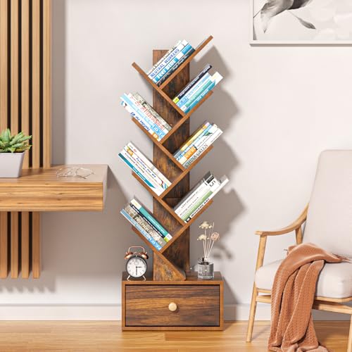 image for SHEEPAM 8 Tier Tree Bookshelf with Drawer, Free Standing Wood Bookcase