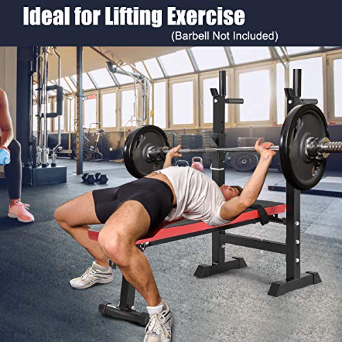 GYMAX Adjustable Weight Bench with Barbell Rack, Folding Lifting Bench for Full Body Exercise, Foldable Workout Sip Up/ Incline Bench for Home/Apartment