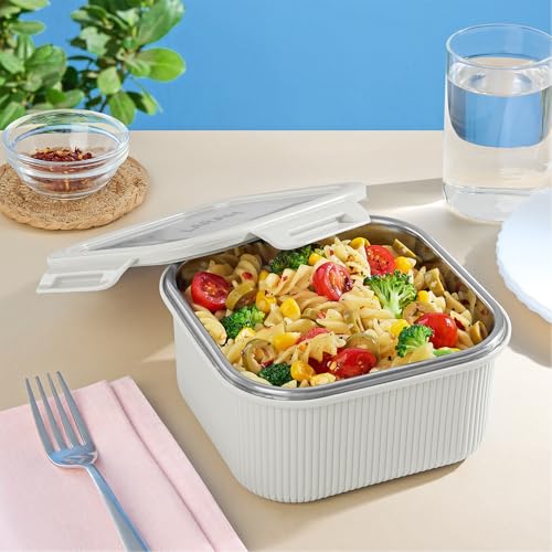 Image of Larah by BOROSIL Freshbyte Food Storage Container with Airtight Stainless Steel Lid | Fridge Container for Lunchbox | Food Grade | Microwave Safe (Grey, 800 ml, Square)