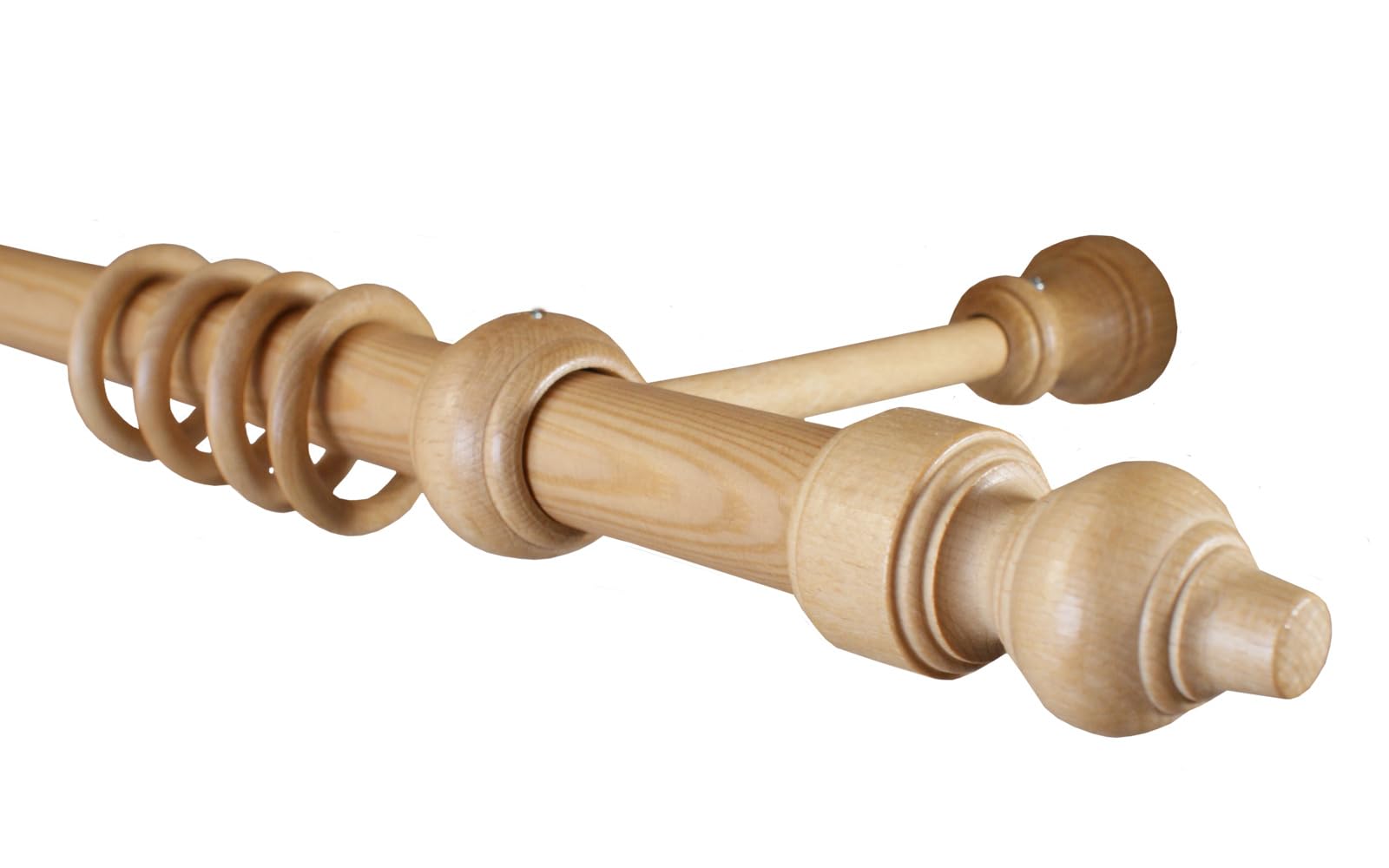 iso-design Holz Vorhangstange Filigrano mit 28 mm Durchmesser in Eiche hell, viele Größen, Gardinenstange inklusive Gardinenringe 280 cm (mittig geteilt)