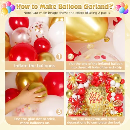 Image of 153Pcs Red and Gold White Balloons Garland Arch Kit with Stars - 22 18 12 10 5 inch Different Size Red White Metallic Gold Confetti Latex Balloon for Birthday Valentine's Day Party Decorations