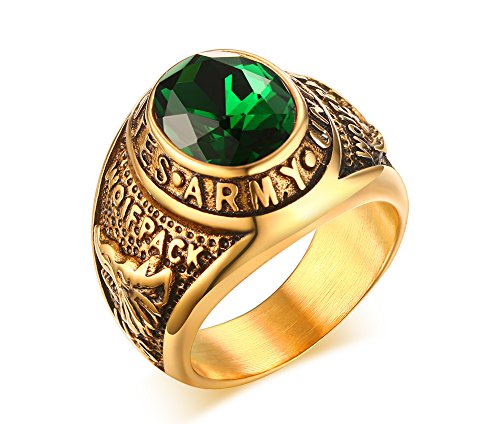 VNOX Stainless Steel Green Rhinestone US Army Ring for Men,Gold Plated,Size 10