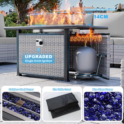 Image of Outdoor PE Wicker Rattan Modular Patio Sectional Sofa Set | 8-Piece: 6 Modular Seats, Coffee Table & 55,000 BTU Fire Pit Table, Grey