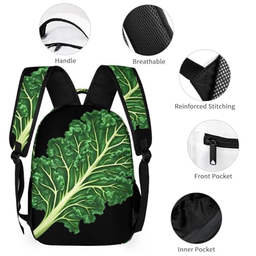 Green Kale Leaf Printed Backpack with Lunch Box Bag Pencil Case Pouch 3pcs Daypack Set for Women Men3