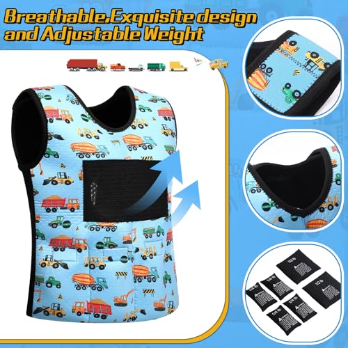 Image of Janmercy Weighted Vest for Kids Ages 4 to 7 and Ages 8+ Boy Girl Adjustable Breathable Compression Vest for Processing Issue(Truck,Small,Dark Blue)