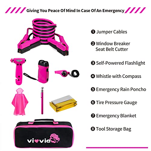 Vioview Roadside Emergency Car Kit, Pink Car Emergency Kit With Jumper Cables (10 Foot), Auto Vehicle Safety Road Side Assistance Kits For Teen Girls And Women's Gifts #TOP6