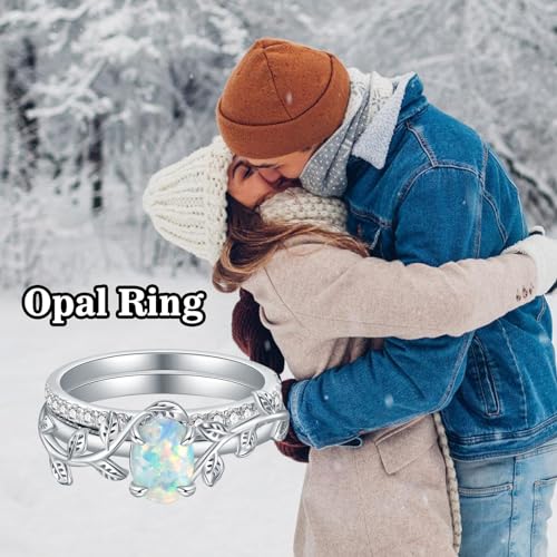 Genuine Opal Engagement Ring for Women,1ct Leaf Oval Opal Ring Set in 925 Sterling Silver with Cubic Zirconia Wedding Valentine's Day Dainty Promise Ring For Her2