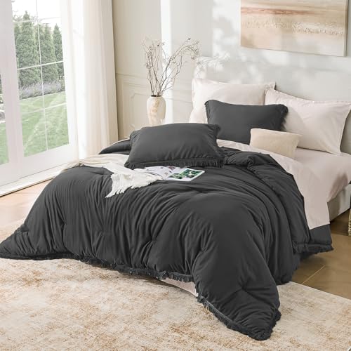 Image of Andency Comforter King Size Bed Set Dark Grey, 3 Pieces Boho Lightweight Winter Bedding Comforters & Sets, All Season Soft Tassel Bed Set (104x90In Comforter & 2 Pillowcases)
