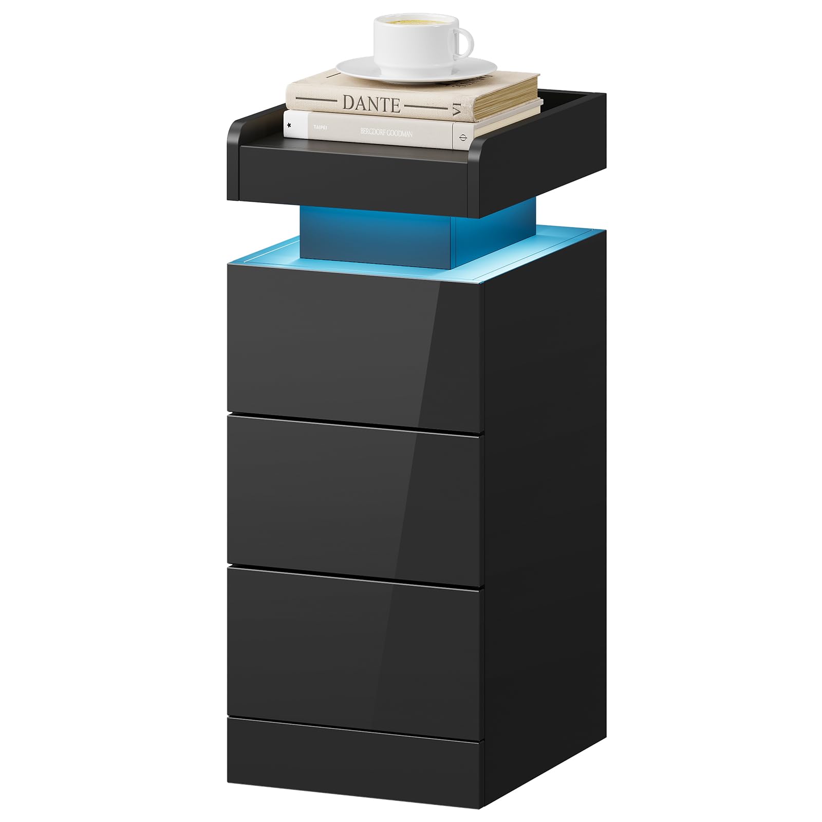 Dripex Bedside Table with Adjustable LED Lights & 3 Drawers - Slim High-Gloss Side Table, Space-Saving Bedside Cabinet for Small Space, Bedroom, Living Room, Office and Study (Black)